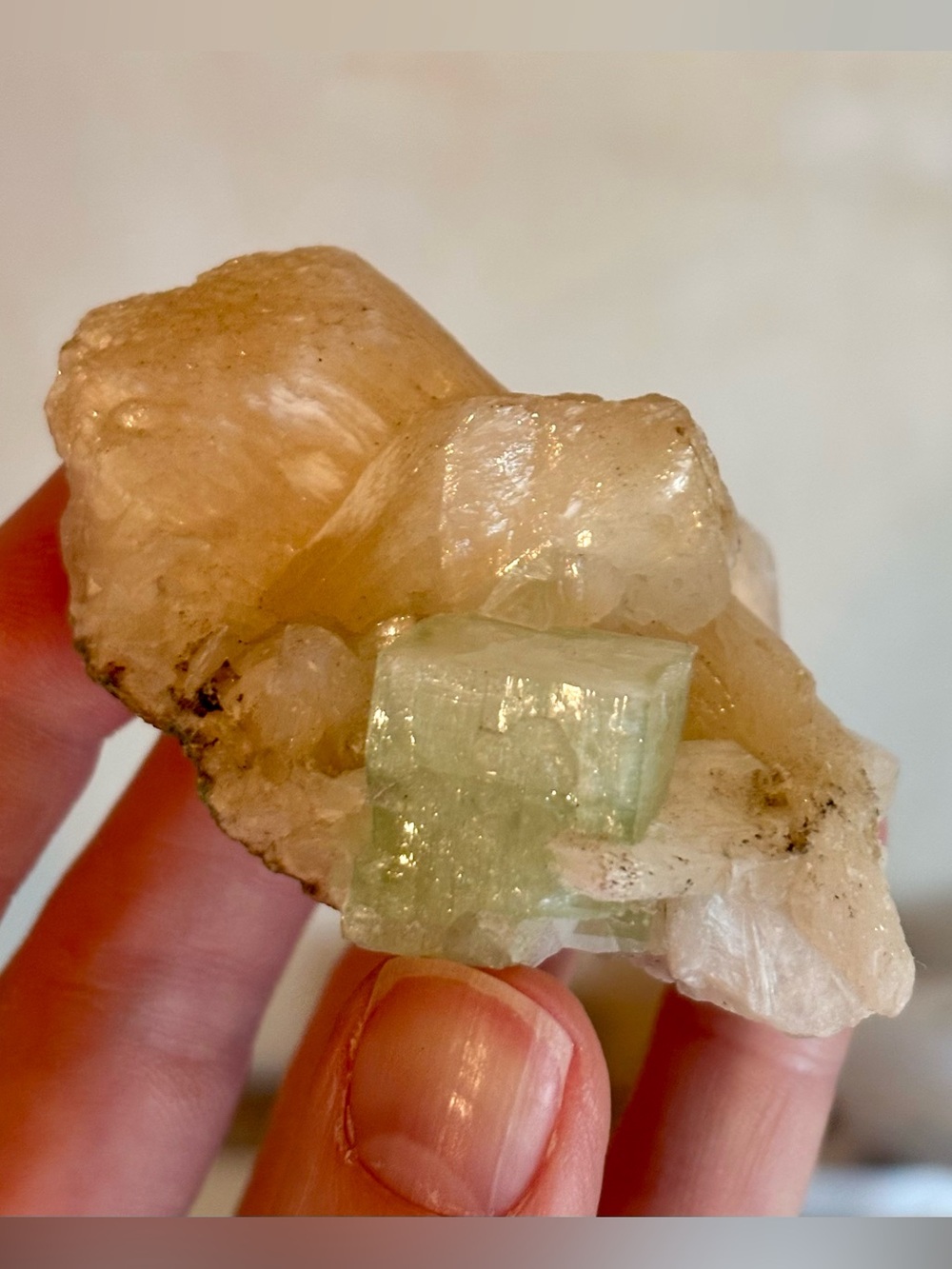 RARE Green Apophyllite Crystal on Peach Stilbite – Natural Mineral Specimen